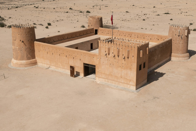 Aerial view of Al Zubarah Fort, a historic desert fortress in Qatar.