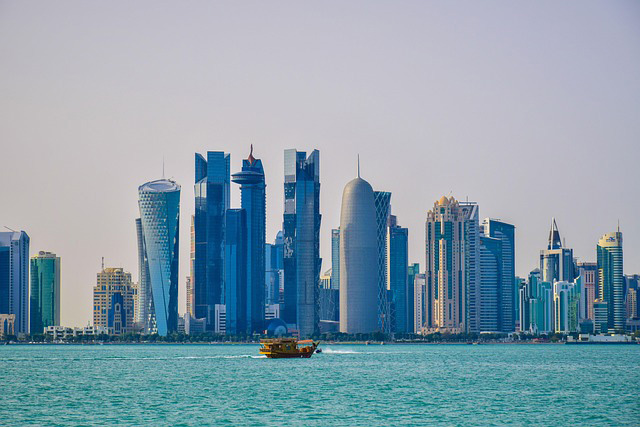 Scenic view of the Doha Corniche with the city skyline and waterfront promenade in Qatar.